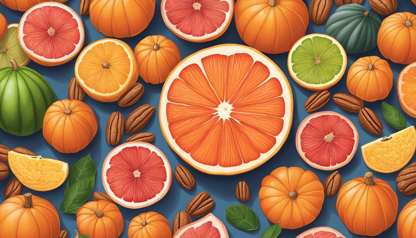 A vibrant Texas Red Grapefruit surrounded by 14 other fall superfoods, such as pumpkins, pecans, and sweet potatoes, arranged in a colorful display