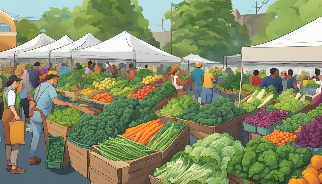 A bustling farmers market with vibrant displays of kale, collard greens, and spinach. Shoppers browse the fresh produce, while vendors arrange their leafy greens in colorful piles