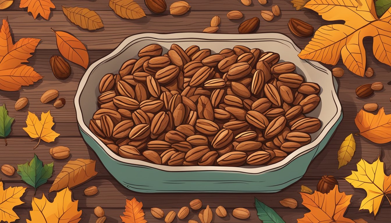 A rustic wooden table scattered with vibrant pecans, surrounded by autumn leaves and a basket of other superfoods from San Saba, Texas