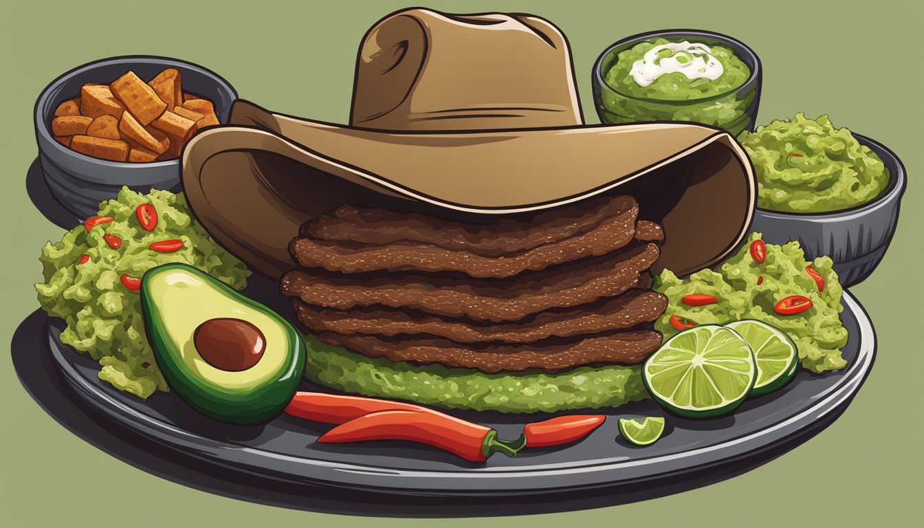 A cowboy hat filled with guacamole, topped with barbecue ribs and jalapenos