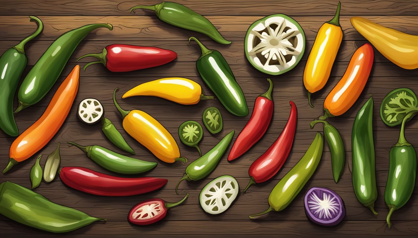 A colorful assortment of jalapeño peppers, along with other vibrant superfoods, arranged on a rustic wooden table in a Texan fall setting