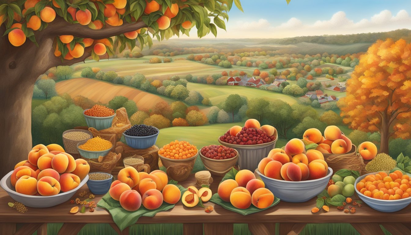 A bountiful display of ripe Fredericksburg peaches, surrounded by 15 different superfoods, all set against the backdrop of a vibrant Texas fall landscape