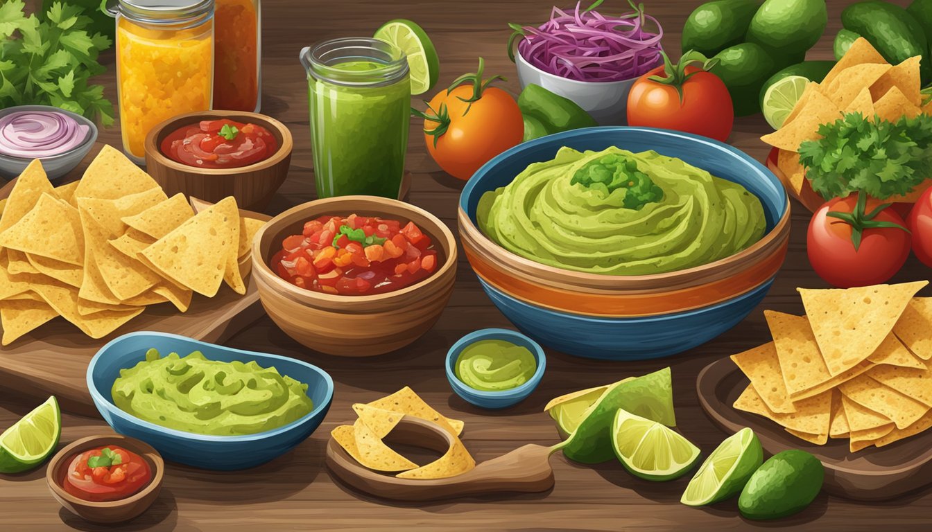 A rustic wooden table with a colorful array of fresh ingredients and a large bowl of guacamole surrounded by tortilla chips and salsa