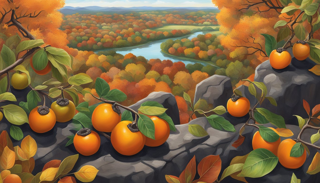 A colorful array of Texas black persimmons, surrounded by vibrant fall foliage and other superfoods, set against the backdrop of a Texas landscape