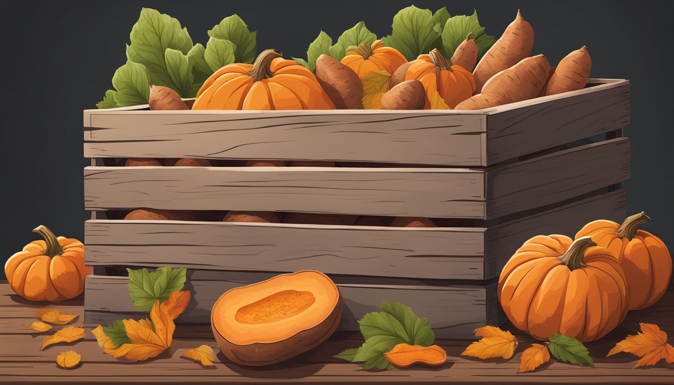 A rustic wooden crate overflowing with vibrant sweet potatoes from Canton, Texas, surrounded by other fall superfoods like pumpkins and apples