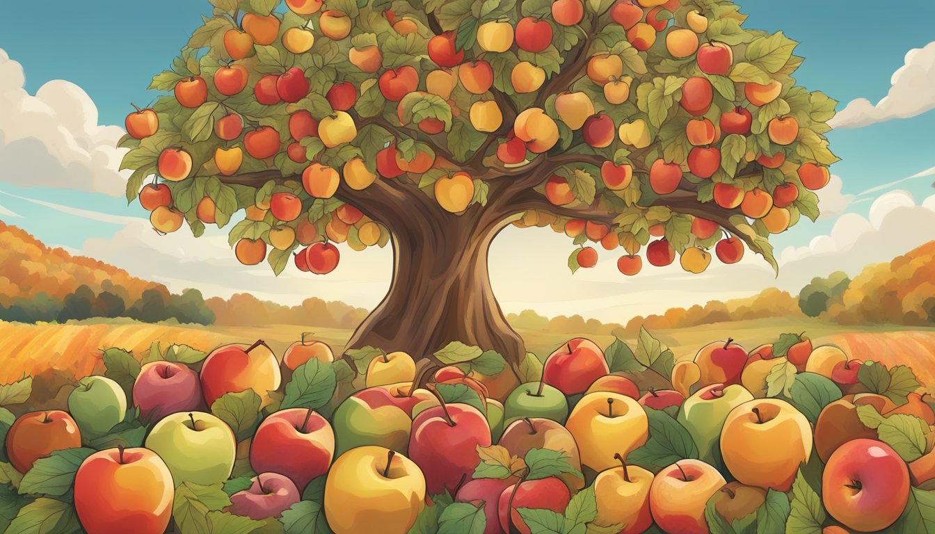 A bountiful display of Honeycrisp apples surrounded by 15 different superfoods, set against a fall backdrop in Texas