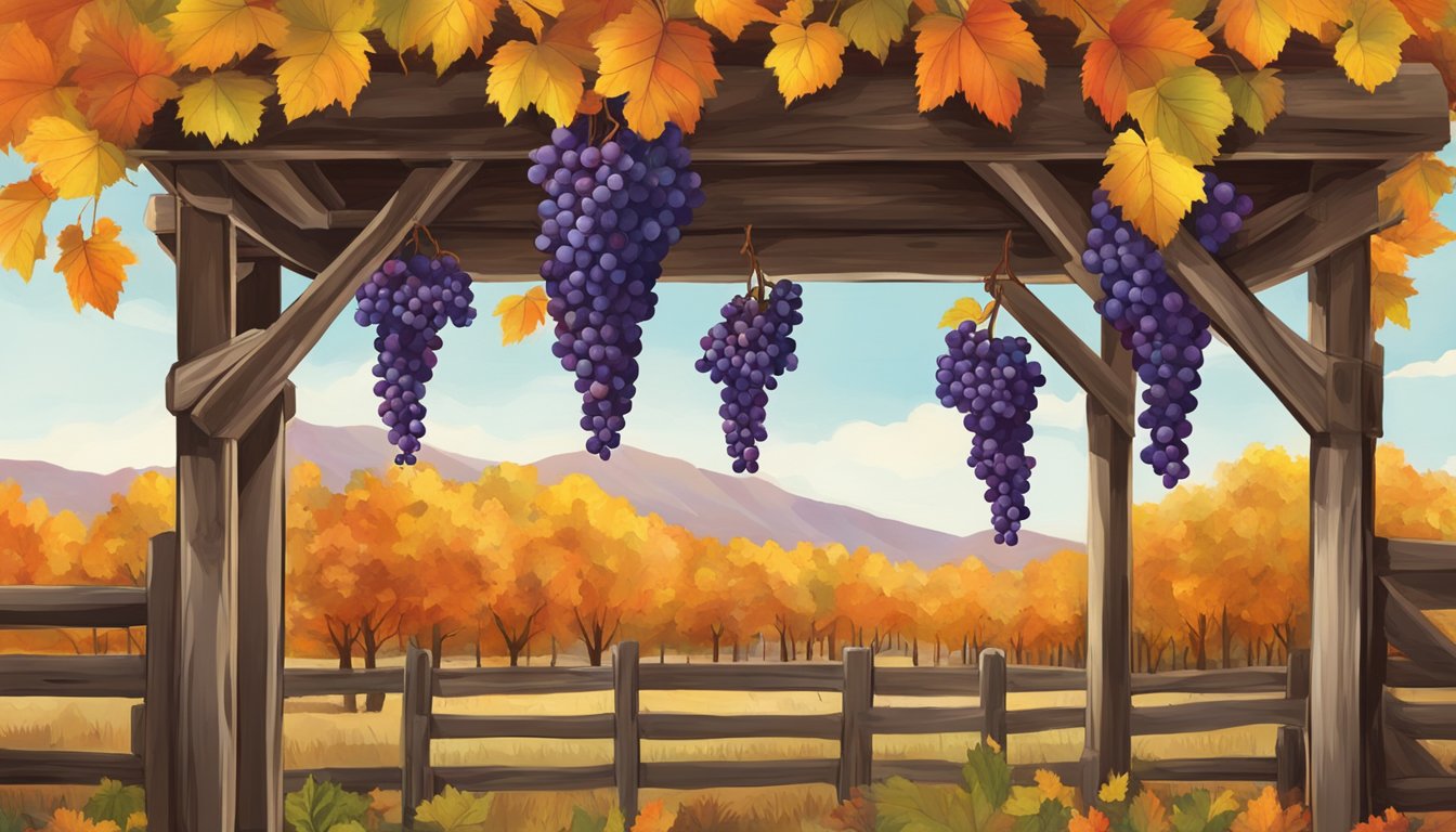 A vine of mustang grapes hanging from a rustic wooden trellis, surrounded by vibrant fall foliage in a Texas landscape