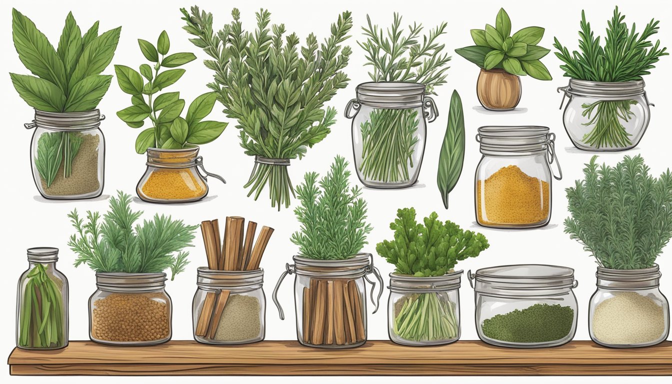 A rustic kitchen counter with a variety of fresh Texas culinary herbs and spices, including sage, thyme, and rosemary, ready to be used in fall cooking