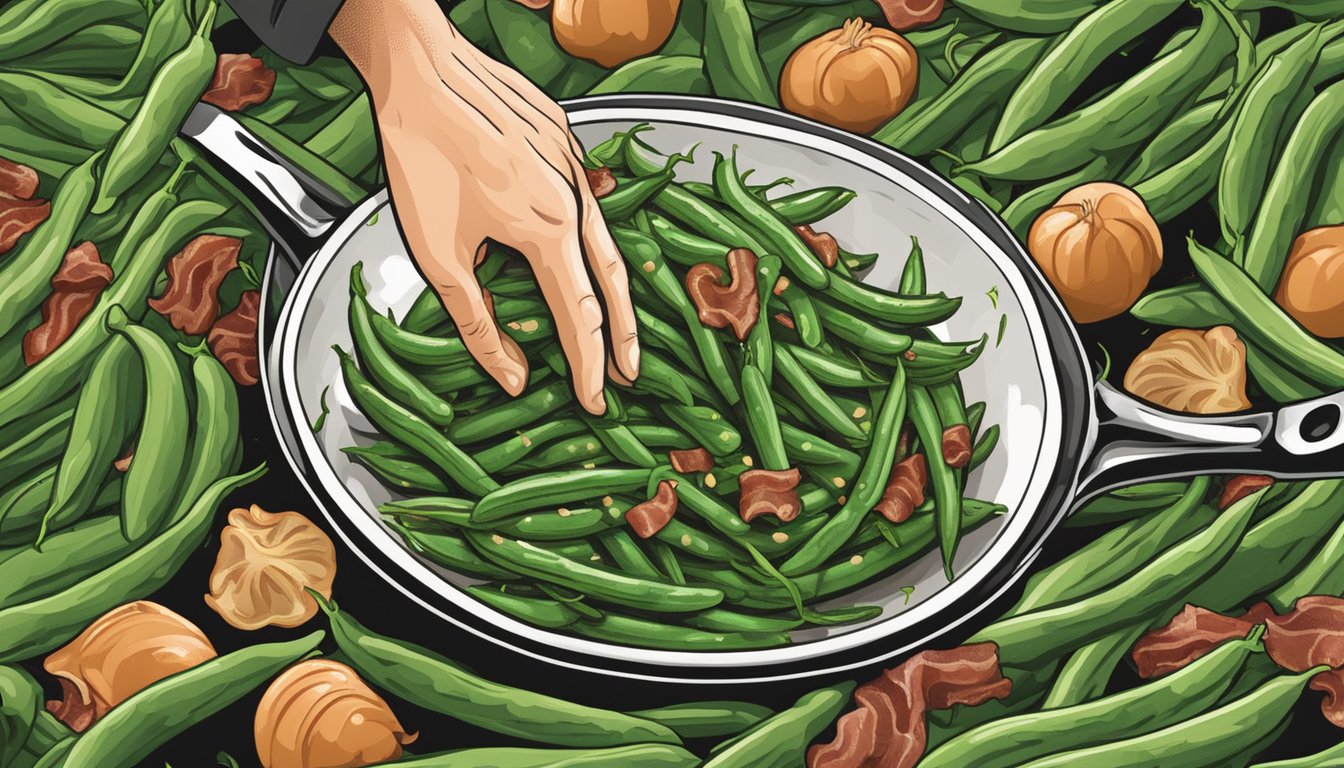 A chef tosses green beans, shallots, and bacon in a sizzling skillet