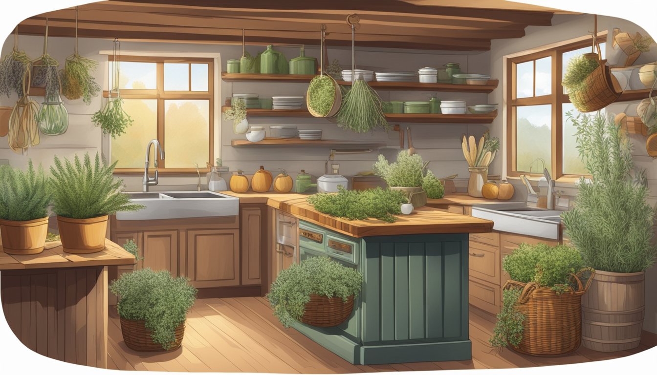 Autumn scene: A rustic kitchen with bundles of sage, thyme, and rosemary hanging to dry, alongside jars of dried herbs and a basket of freshly harvested Texas herbs