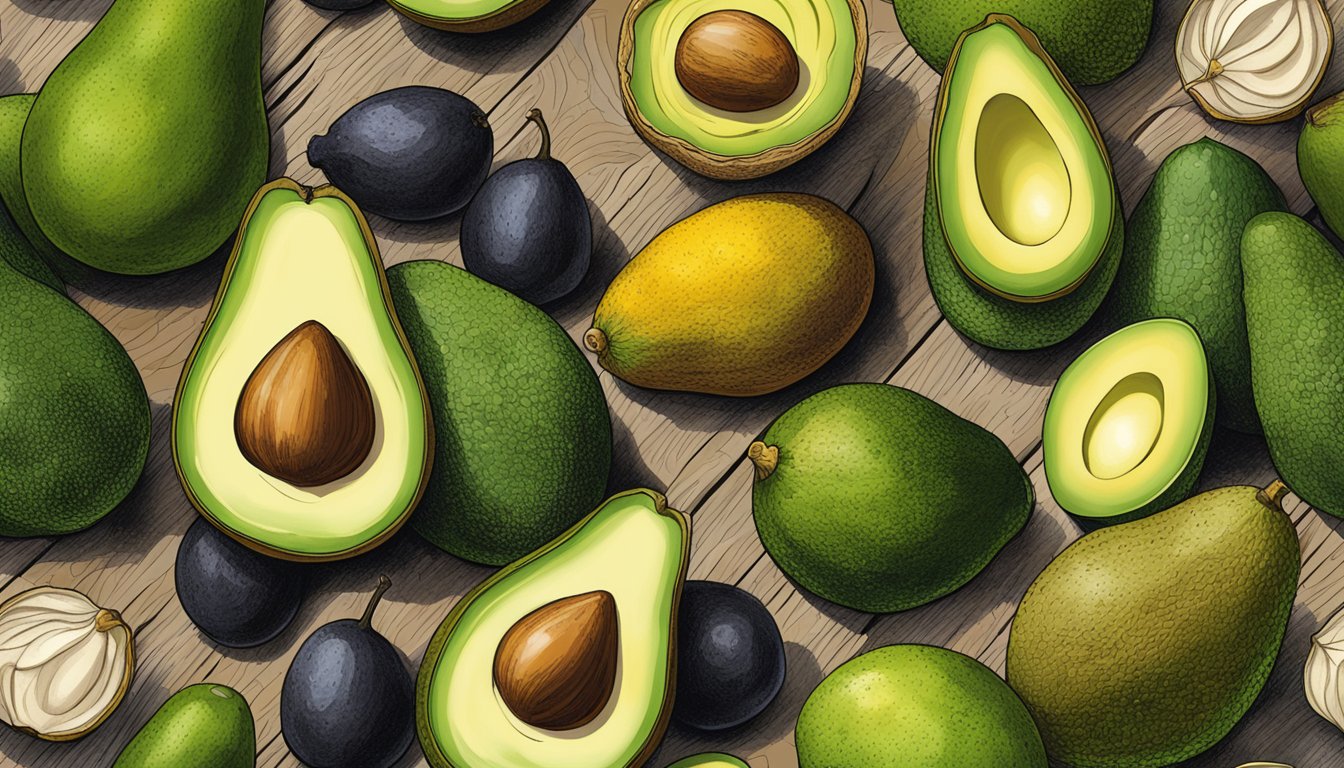 A vibrant assortment of fall superfoods from the Rio Grande Valley, including ripe avocados, displayed on a rustic wooden table