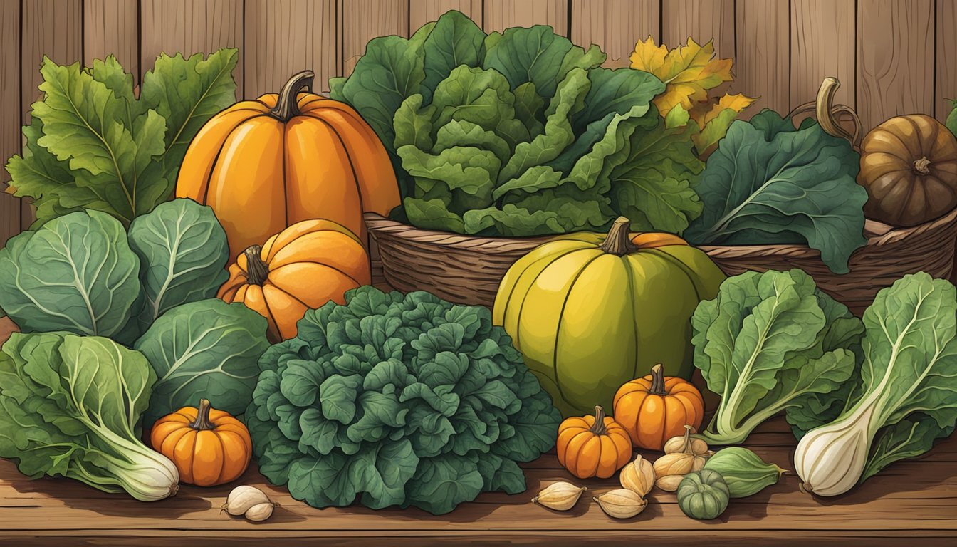 A bountiful harvest of collard greens, pumpkins, and other fall superfoods arranged on a rustic wooden table at a farmer's market in Texas