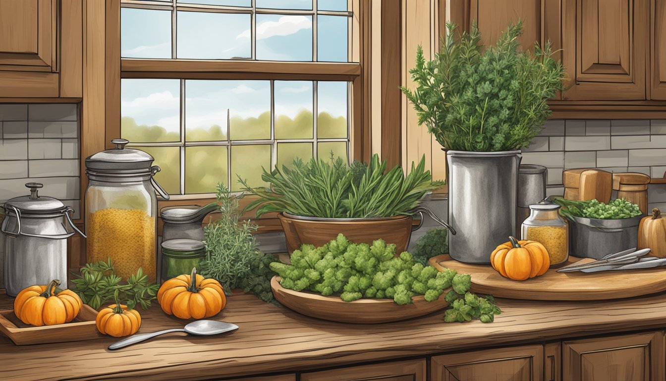 A rustic kitchen counter adorned with fresh Texas culinary herbs, adding flavor to savory fall dishes