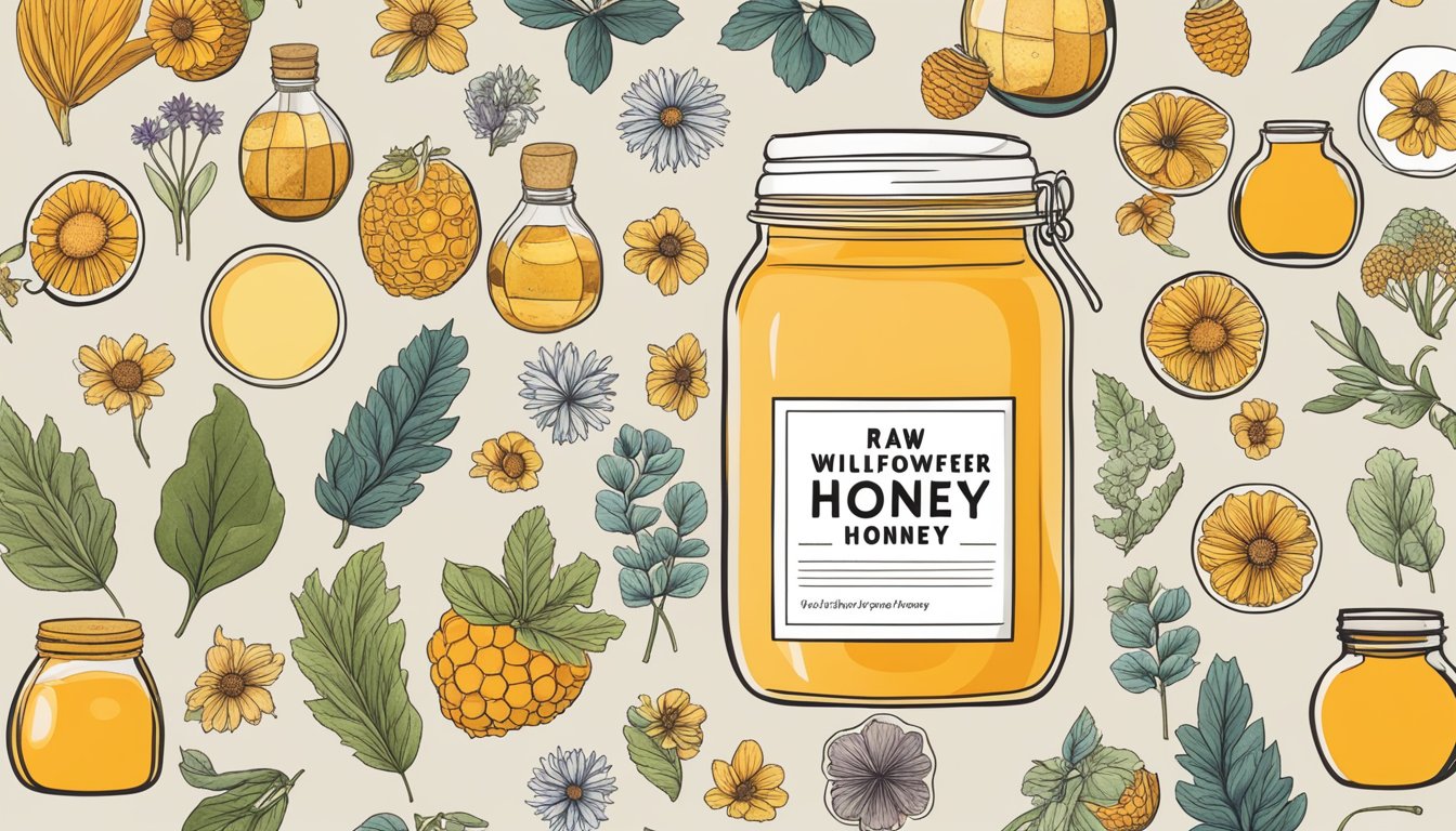 A jar of raw wildflower honey surrounded by 15 different superfoods commonly found in fall in Texas