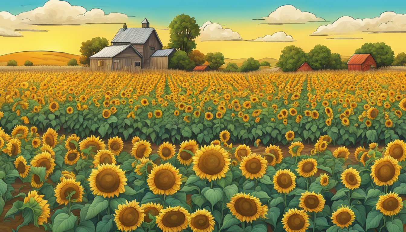 A vibrant sunflower field in Lubbock, Texas, with ripe sunflower seeds ready for harvest, surrounded by 15 different superfoods for the fall season