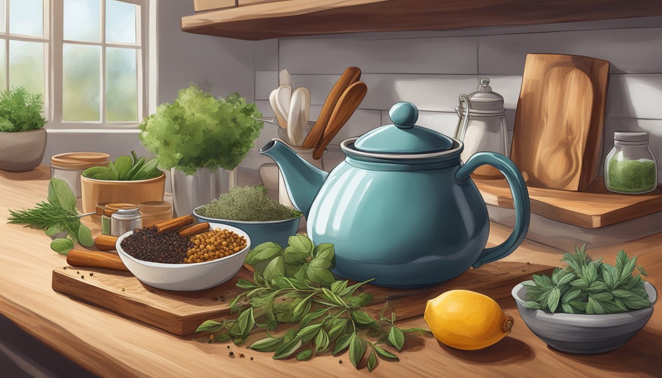 A cozy kitchen with a steaming teapot and a variety of Texas culinary herbs and spices scattered on a wooden countertop