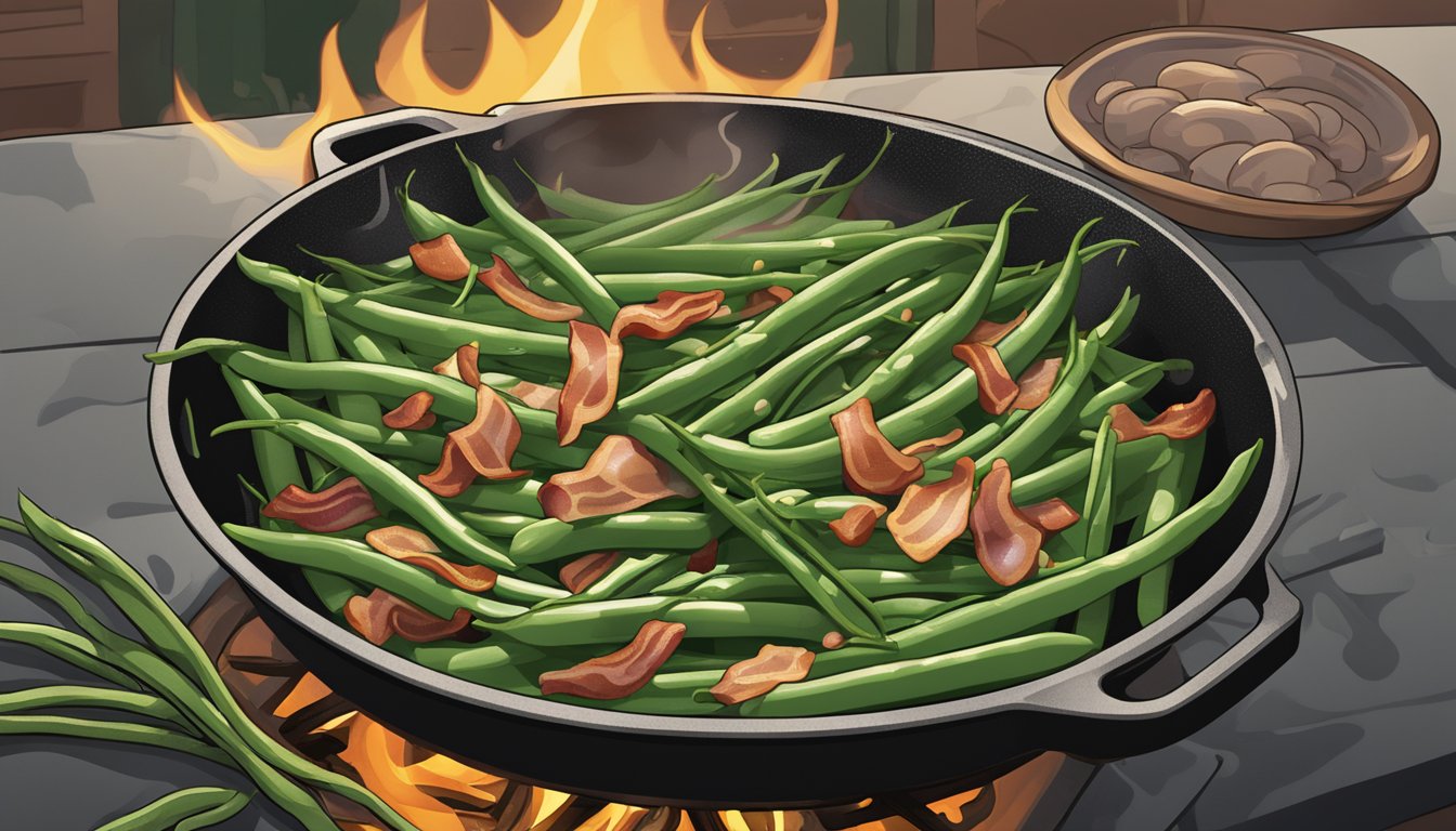 A sizzling skillet of green beans, shallots, and bacon cooking over an open flame