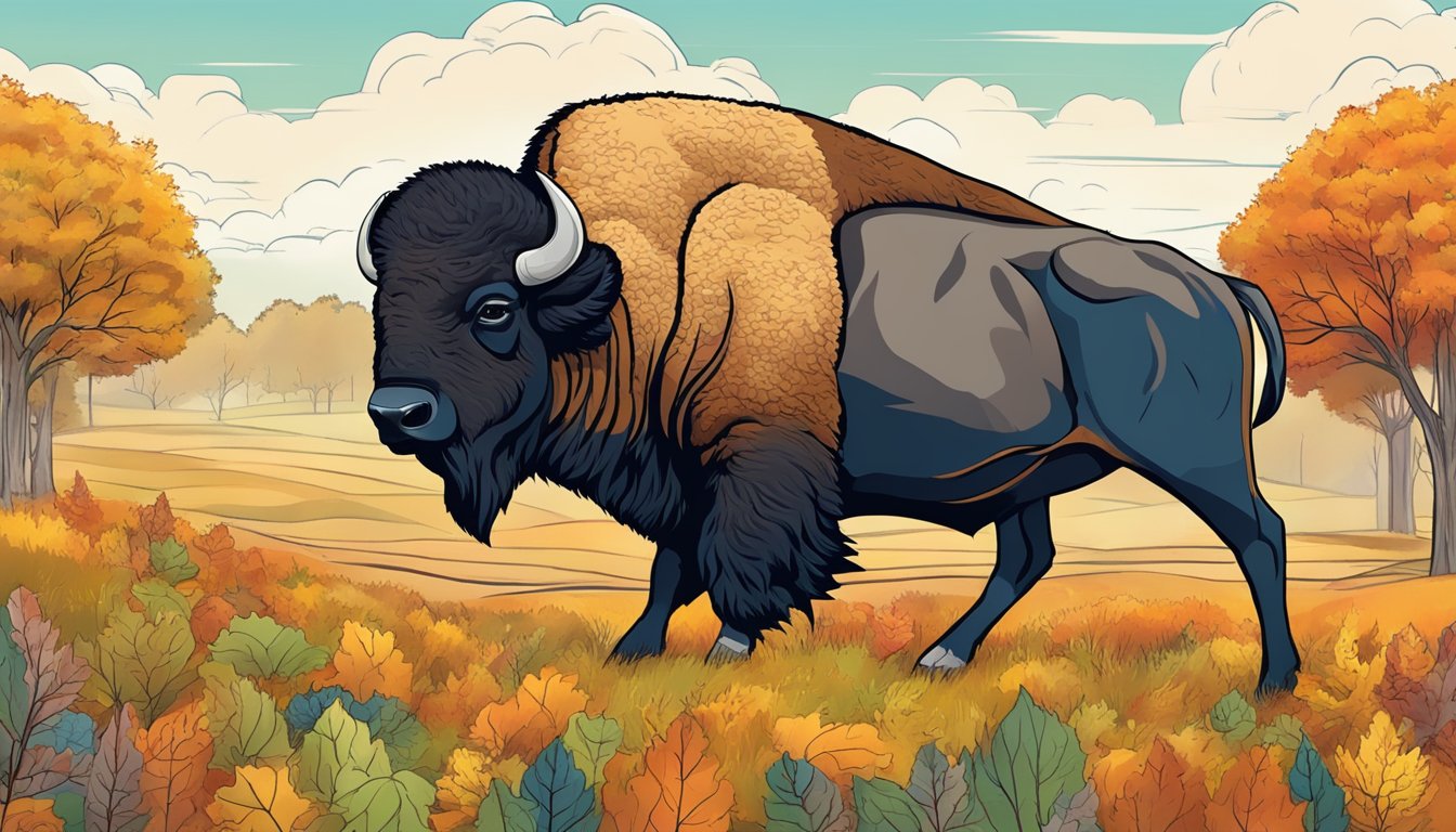 A bison grazing in a vibrant fall landscape with various superfoods growing around it in Texas