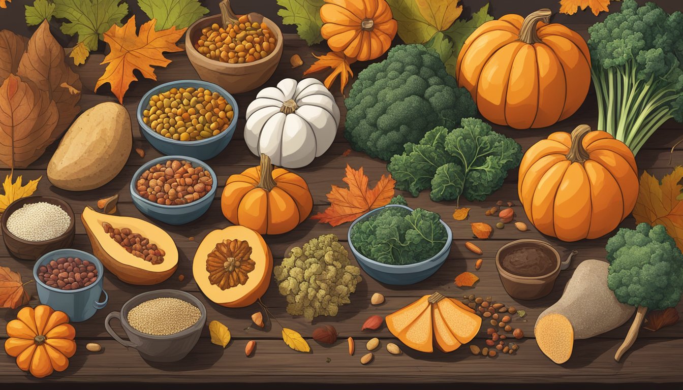 A colorful array of superfoods, including pumpkins, sweet potatoes, and kale, arranged on a rustic wooden table against a backdrop of autumn leaves in Texas