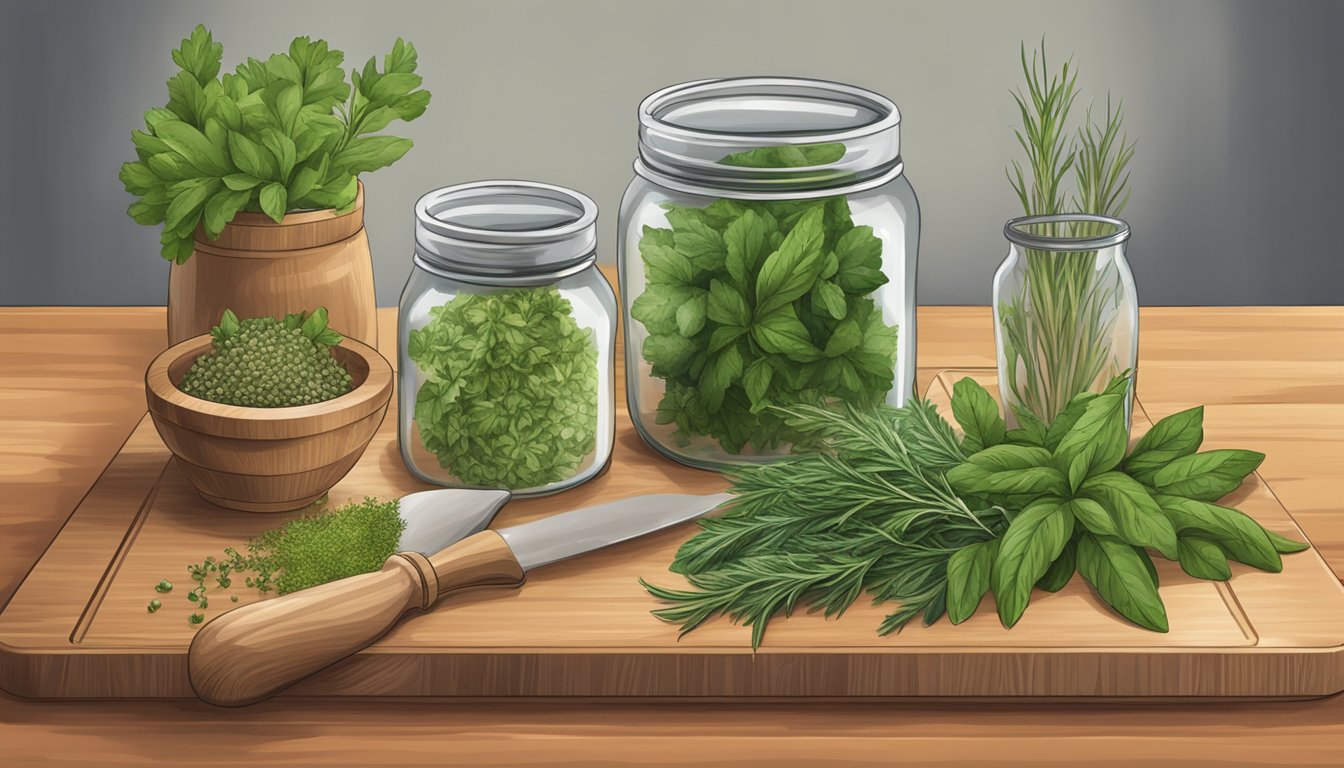 A wooden cutting board with fresh Texas culinary herbs, a mortar and pestle, and glass jars for storing and preserving