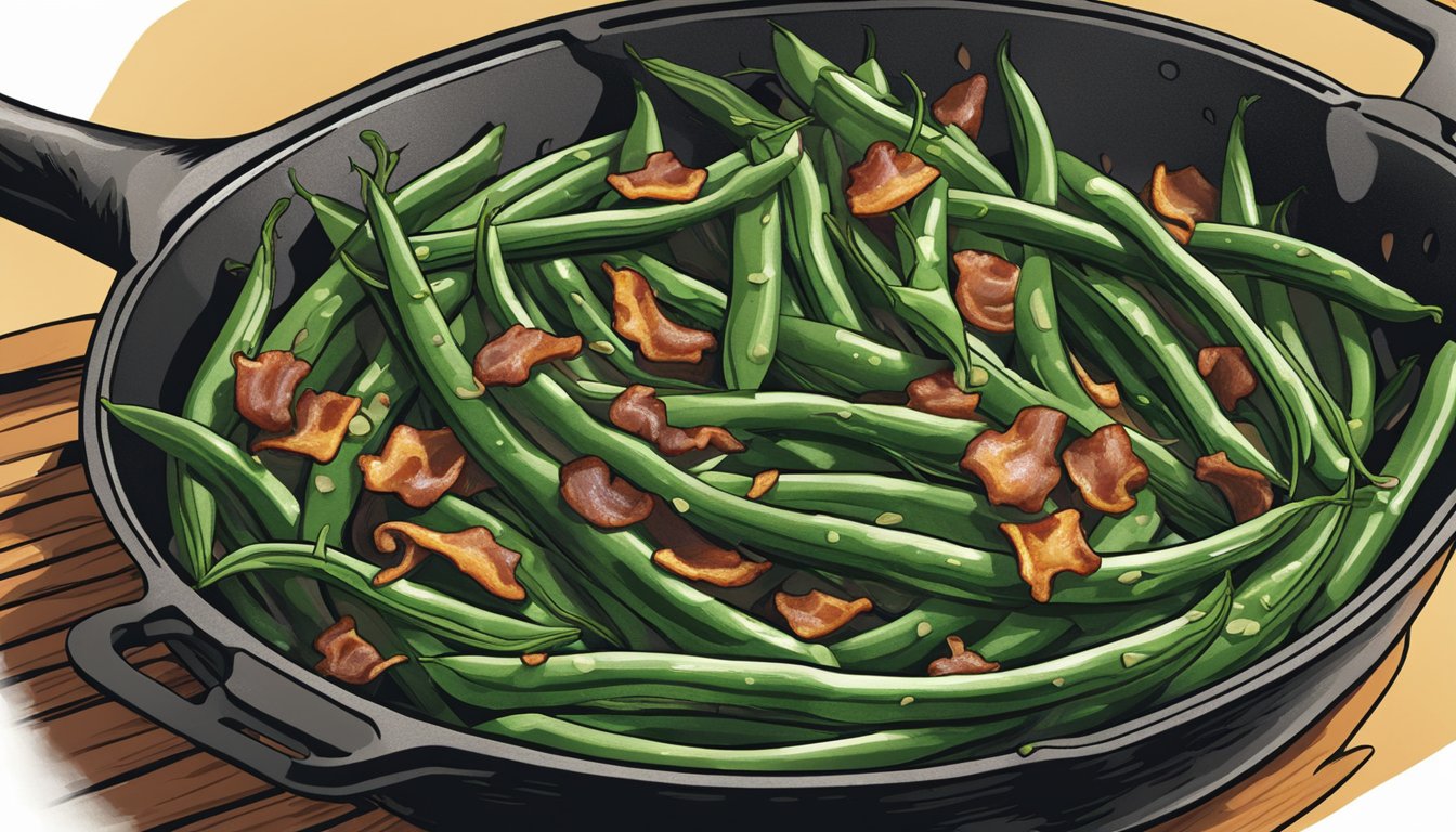 Sizzling green beans and shallots with crispy bacon in a cast iron skillet over a flame