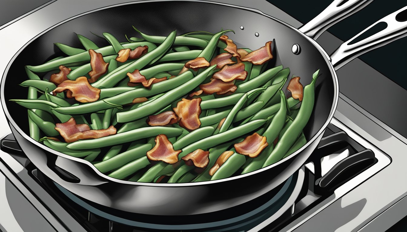 A sizzling skillet of green beans, shallots, and bacon being reheated on a stovetop