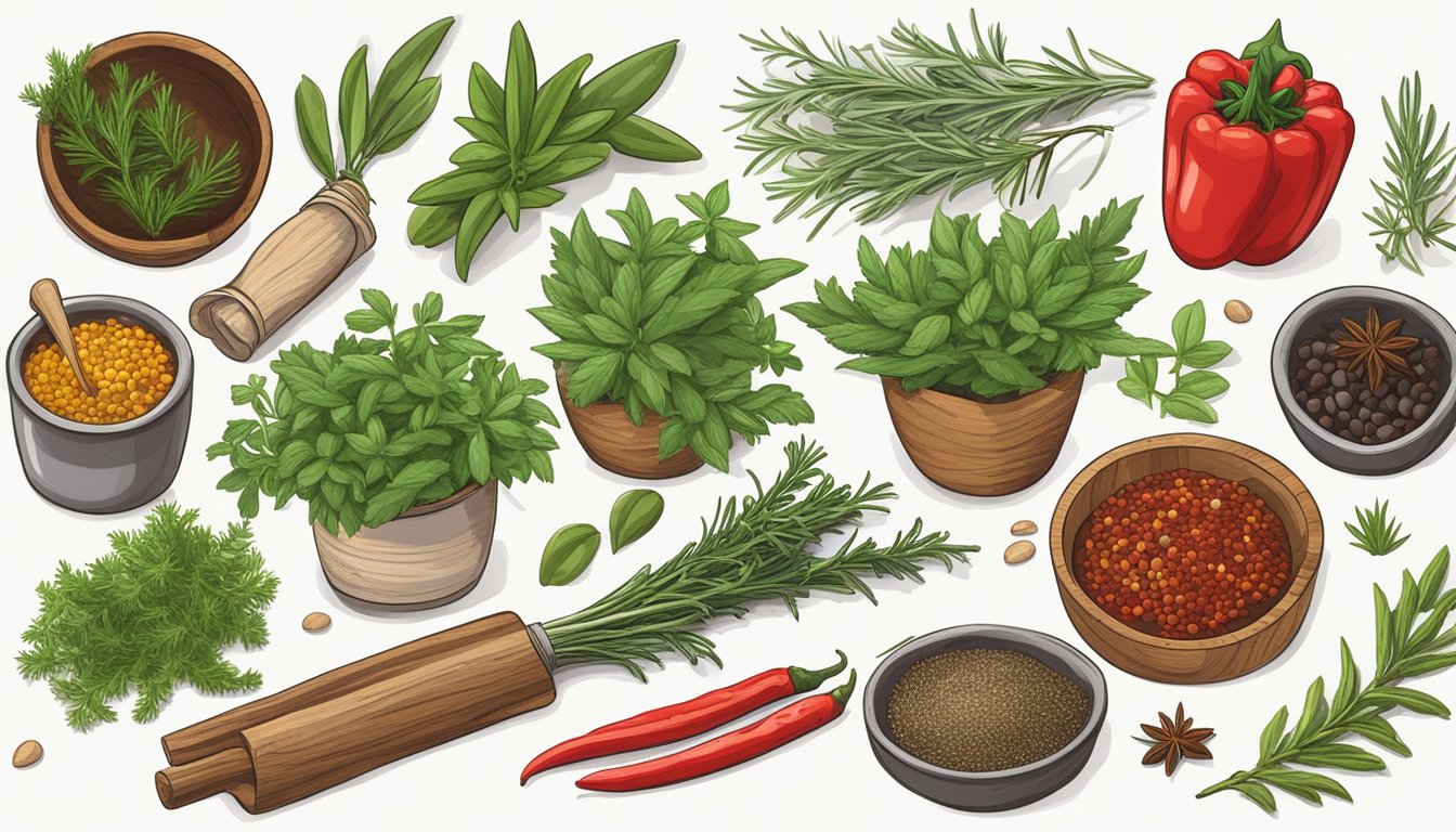 A rustic wooden table adorned with various fresh Texas culinary herbs and spices, including rosemary, thyme, and chili peppers, ready for blending