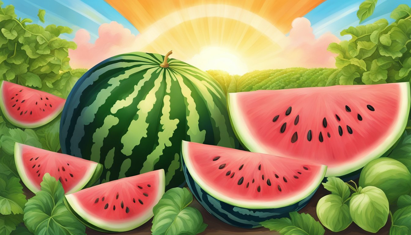 A lush Texas watermelon patch in July, bursting with vibrant green vines and plump, juicy fruit. Surrounding the scene are 10 superfoods in season, creating a colorful summertime sensation