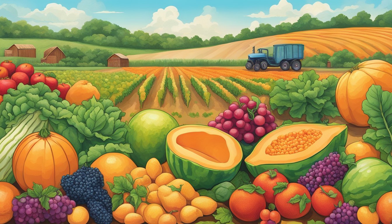 A vibrant scene of ripe cantaloupes and other superfoods, set against the backdrop of a Texas July harvest. The fruits and vegetables are arranged in a colorful display, evoking the sensation of summertime abundance