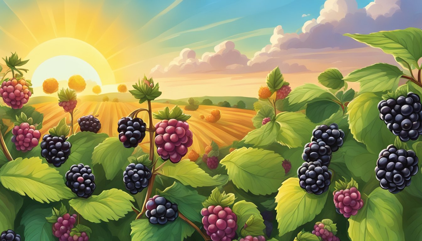 A sun-drenched Texas field bursting with ripe blackberries, surrounded by other vibrant superfoods in peak summer season