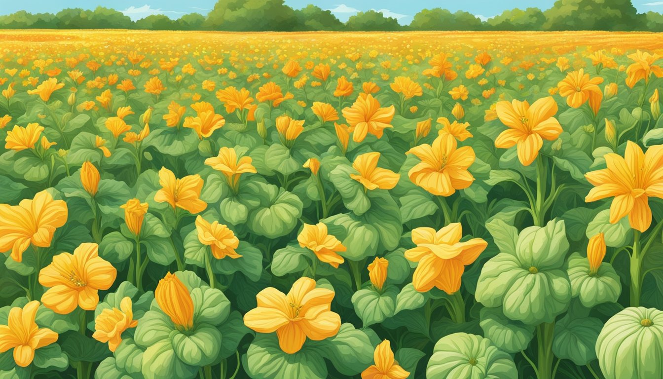 A vibrant field of blooming squash blossoms in the warm Texas July sun, surrounded by an array of colorful superfoods in season, creating a summertime sensation