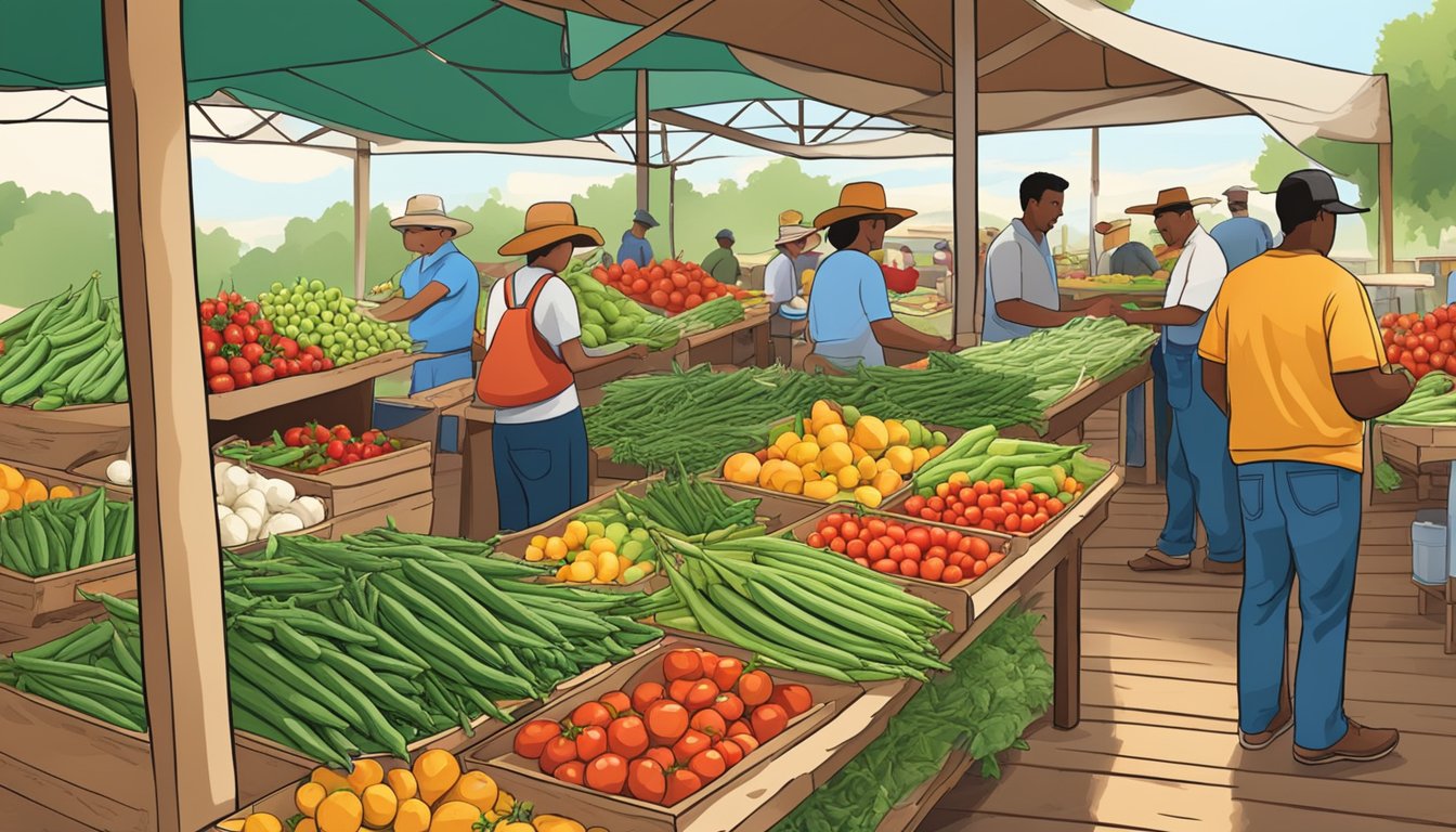 A bustling Texas farmers' market with fresh okra, tomatoes, and other seasonal produce displayed on wooden tables