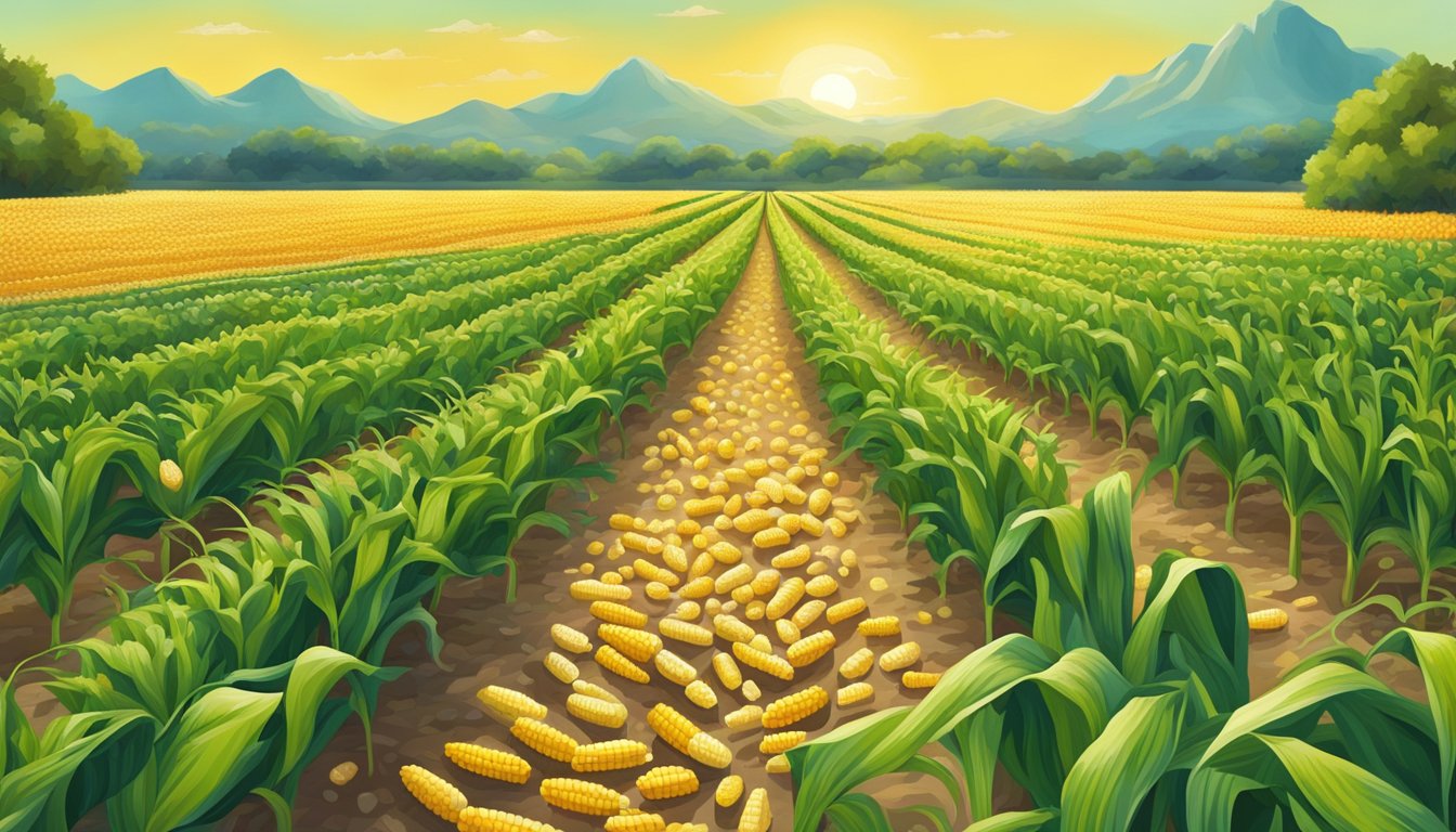 A vibrant Texas cornfield in the warm July sun, with rows of ripe sweet corn ready for harvest, surrounded by other superfoods in season for a summertime sensation