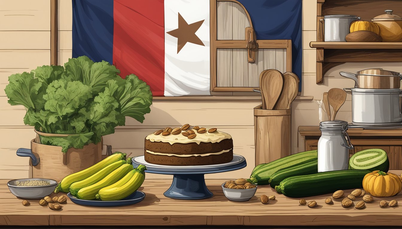 A rustic kitchen with a Texas flag hanging on the wall, a wooden table covered in zucchinis, walnuts, and baking ingredients, and a vintage recipe book open to the zucchini walnut cake page