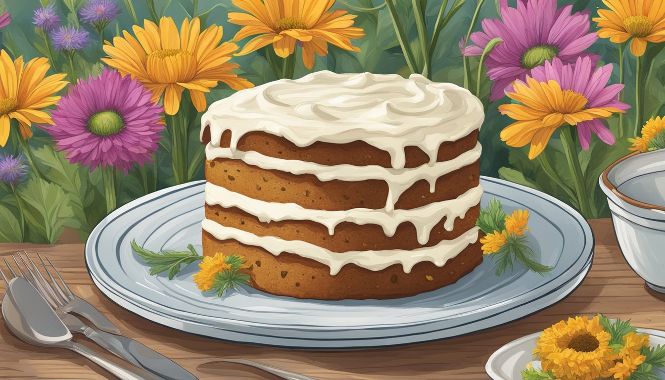 A rustic kitchen table with a freshly baked zucchini walnut cake topped with thick, creamy frosting, surrounded by colorful Texas wildflowers