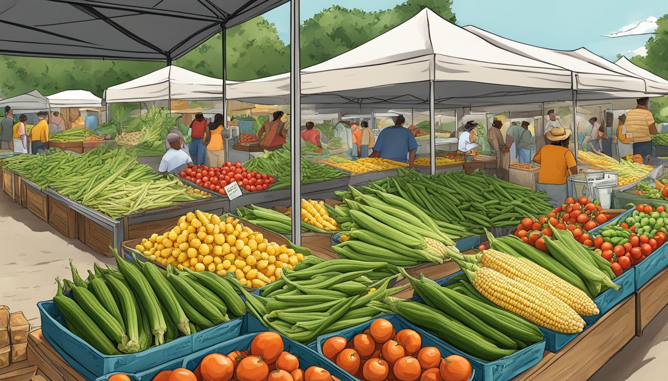 A farmer's market stall filled with fresh okra, tomatoes, and corn. A sign reads "Texas Seasonal Produce - August."