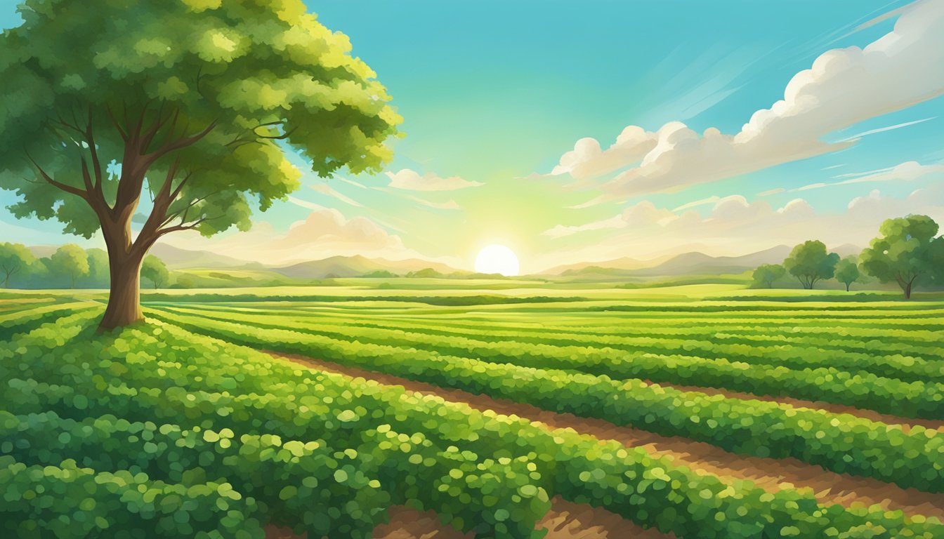 Lush green fields and vibrant crops under the bright Texas sun, with a backdrop of clear blue skies and rich, fertile soil