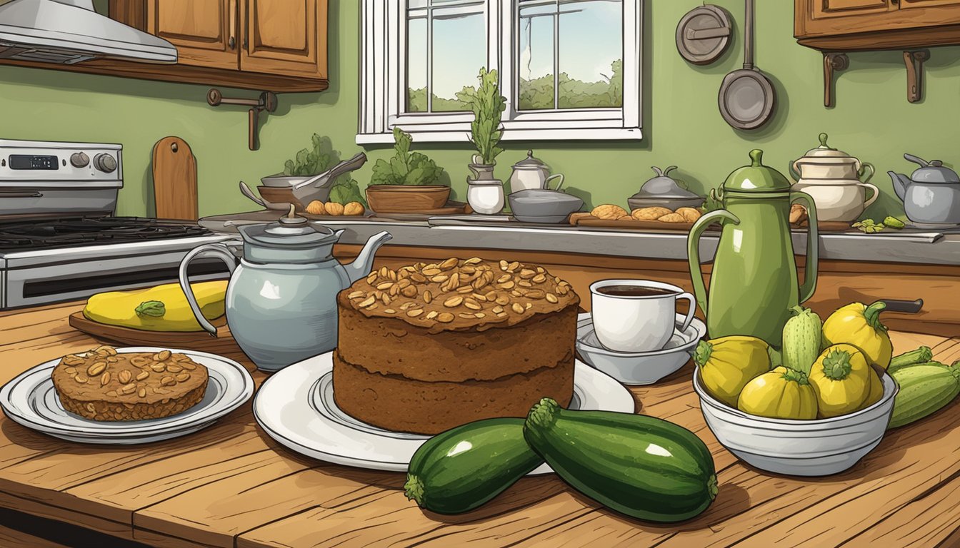 A rustic kitchen table set with a freshly baked Texas-style zucchini walnut cake, surrounded by vibrant zucchinis and a scattering of walnuts