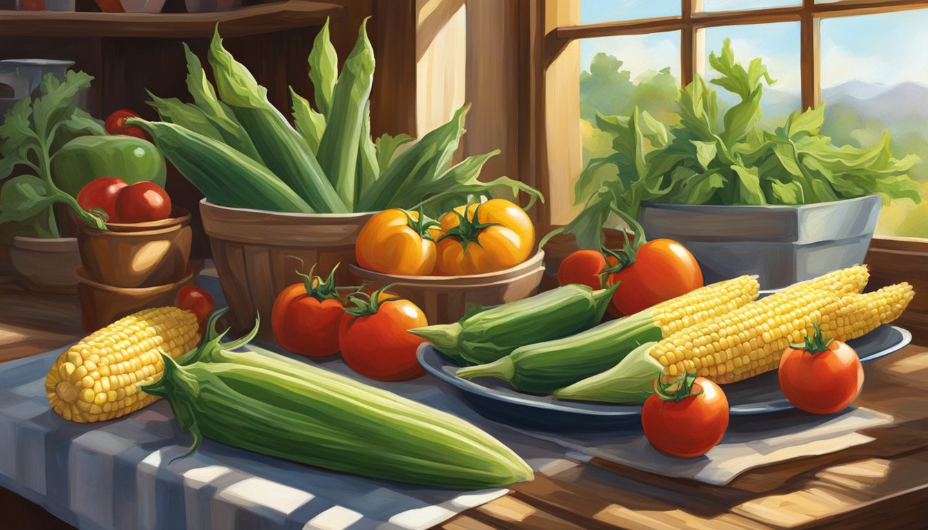 A rustic kitchen table adorned with fresh okra, tomatoes, and corn, with sunlight streaming through the window, highlighting the vibrant colors of the Texas seasonal produce