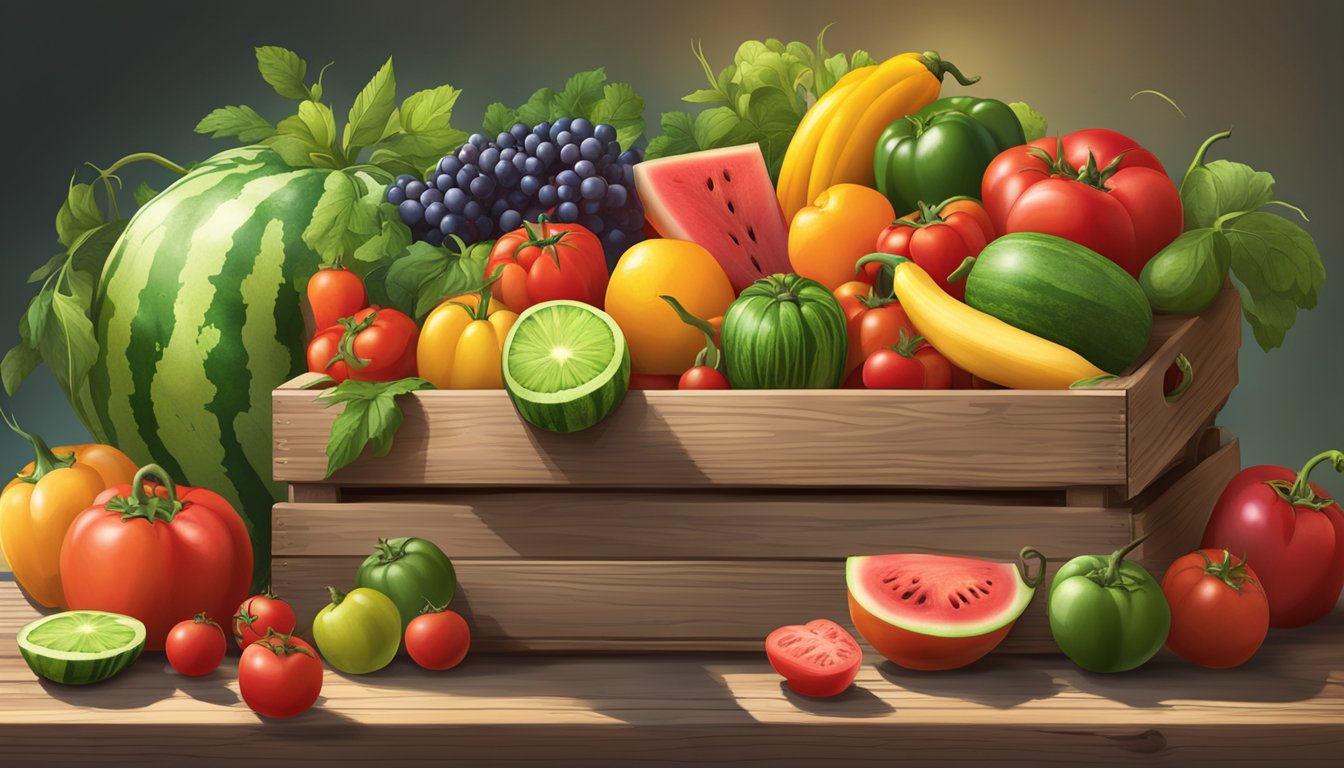 A vibrant array of fresh fruits and vegetables, including watermelon, tomatoes, and bell peppers, spill out of a rustic wooden crate onto a sun-drenched table