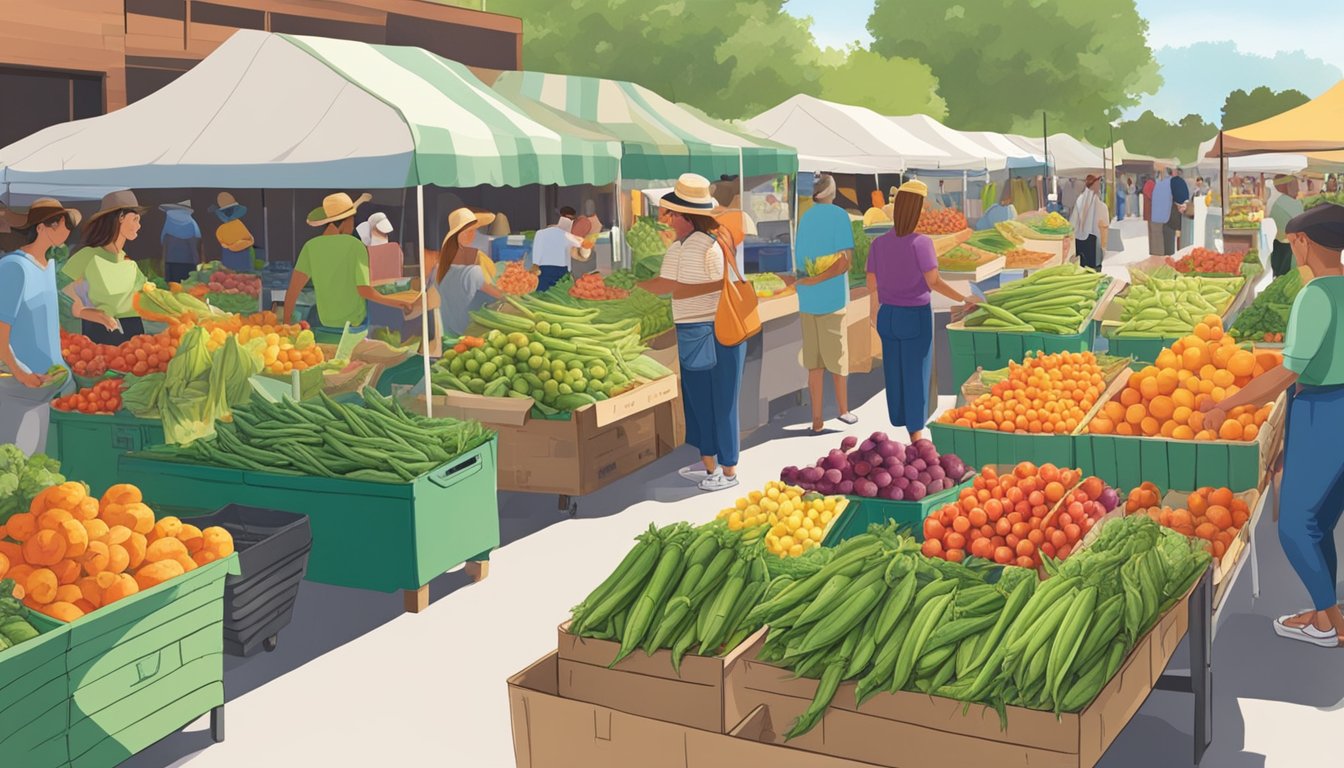 A bustling farmers' market in Texas, with colorful displays of seasonal produce including plump okra, a southern staple, being sold by local farmers