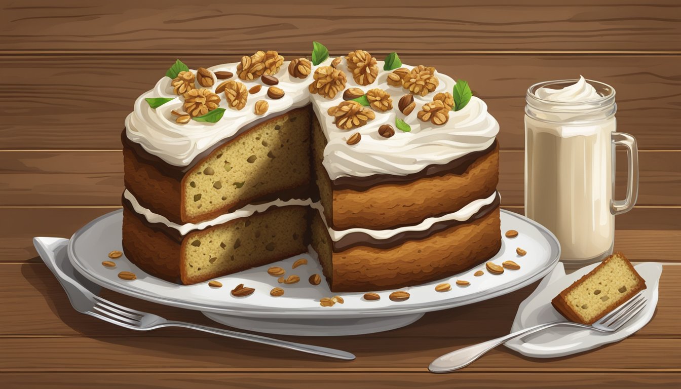 A rustic wooden table set with a Texas style zucchini walnut cake, adorned with a dollop of whipped cream and a sprinkling of chopped walnuts