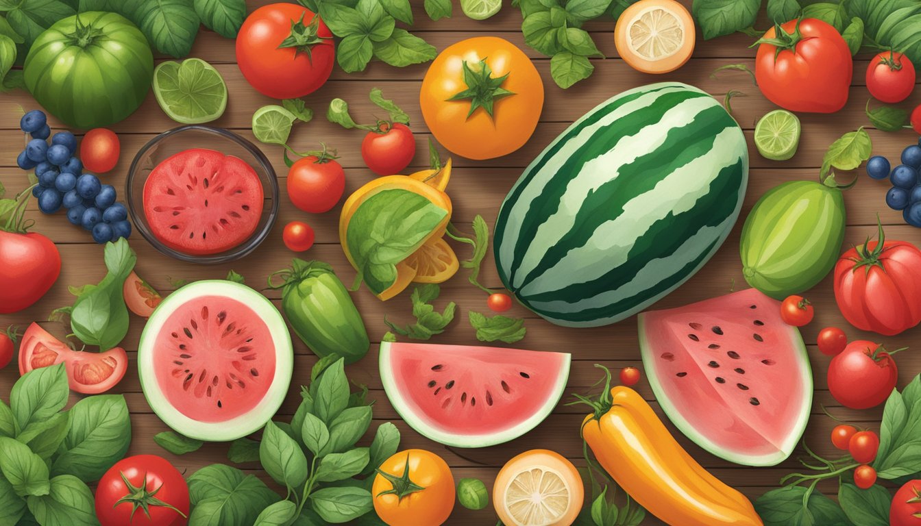 A vibrant array of Texas superfoods, including watermelon, tomatoes, and peppers, are displayed on a rustic wooden table, surrounded by lush greenery