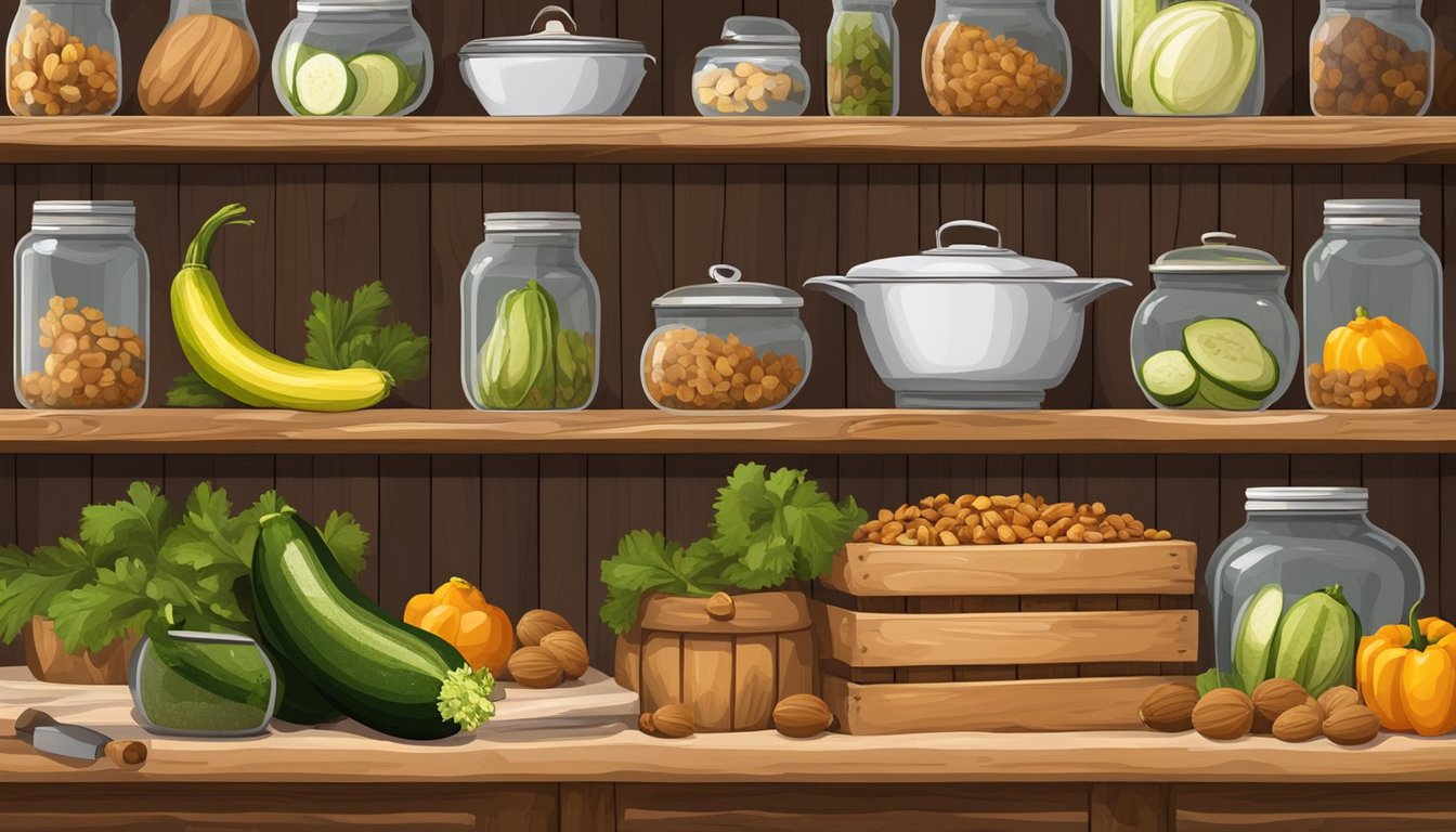 A rustic kitchen with a freshly baked zucchini walnut cake on a wooden shelf, surrounded by jars of preserved fruits and vegetables