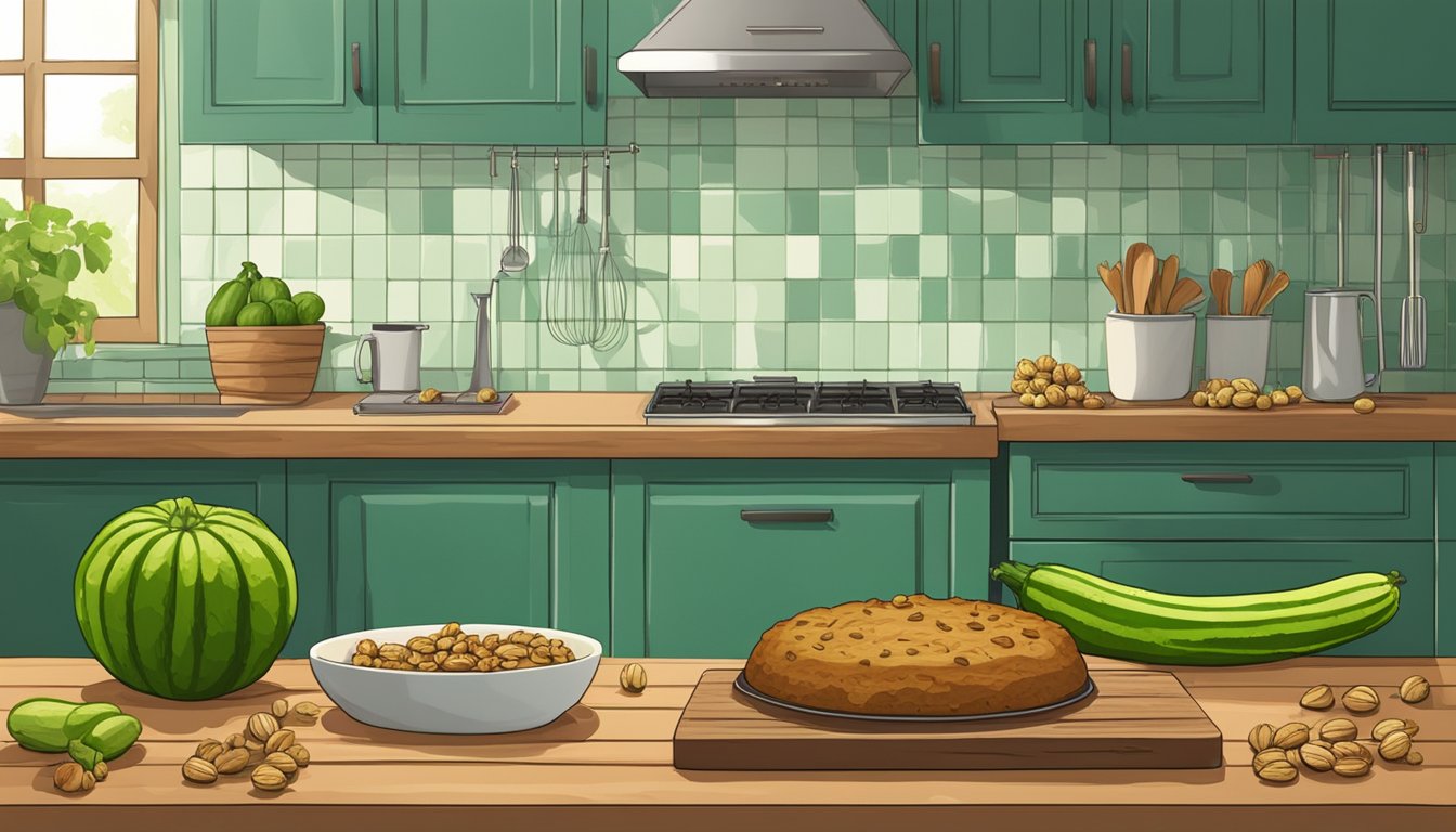 A rustic kitchen counter with a freshly baked zucchini walnut cake cooling on a wire rack, surrounded by vibrant green zucchinis and scattered walnuts