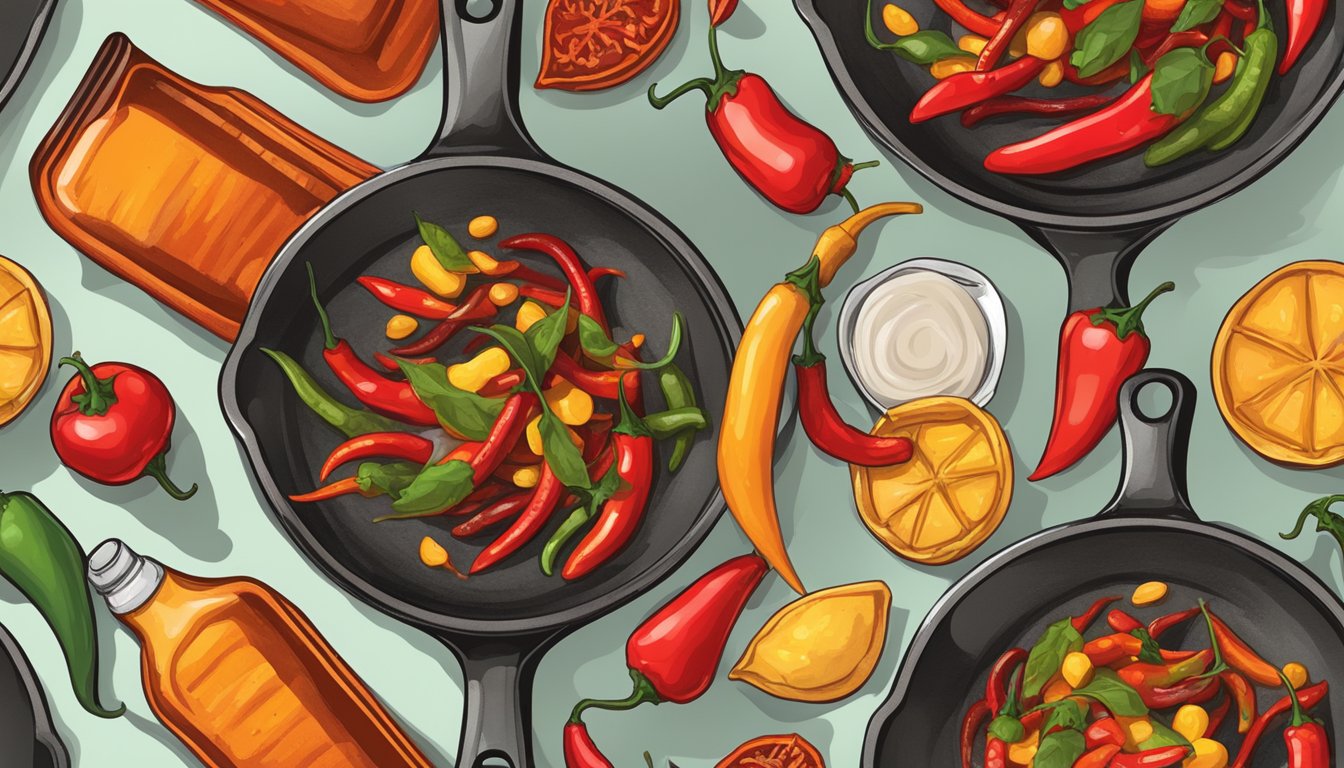 A sizzling skillet with bottles of hot sauce, spicy seasoning, and chili peppers, evoking the fiery flavors of Texas cuisine