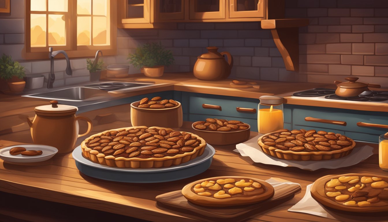 A rustic kitchen with a wooden table filled with pecan pies, kolaches, and gingerbread cookies. A warm glow from the oven illuminates the scene