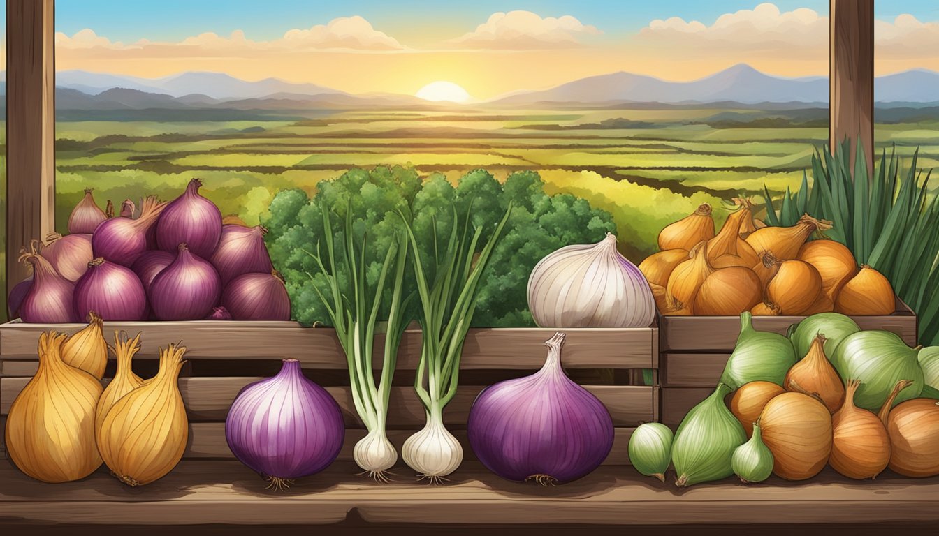 A colorful assortment of Bermuda onions and other high fiber produce arranged in a rustic wooden crate, with the Texas landscape in the background