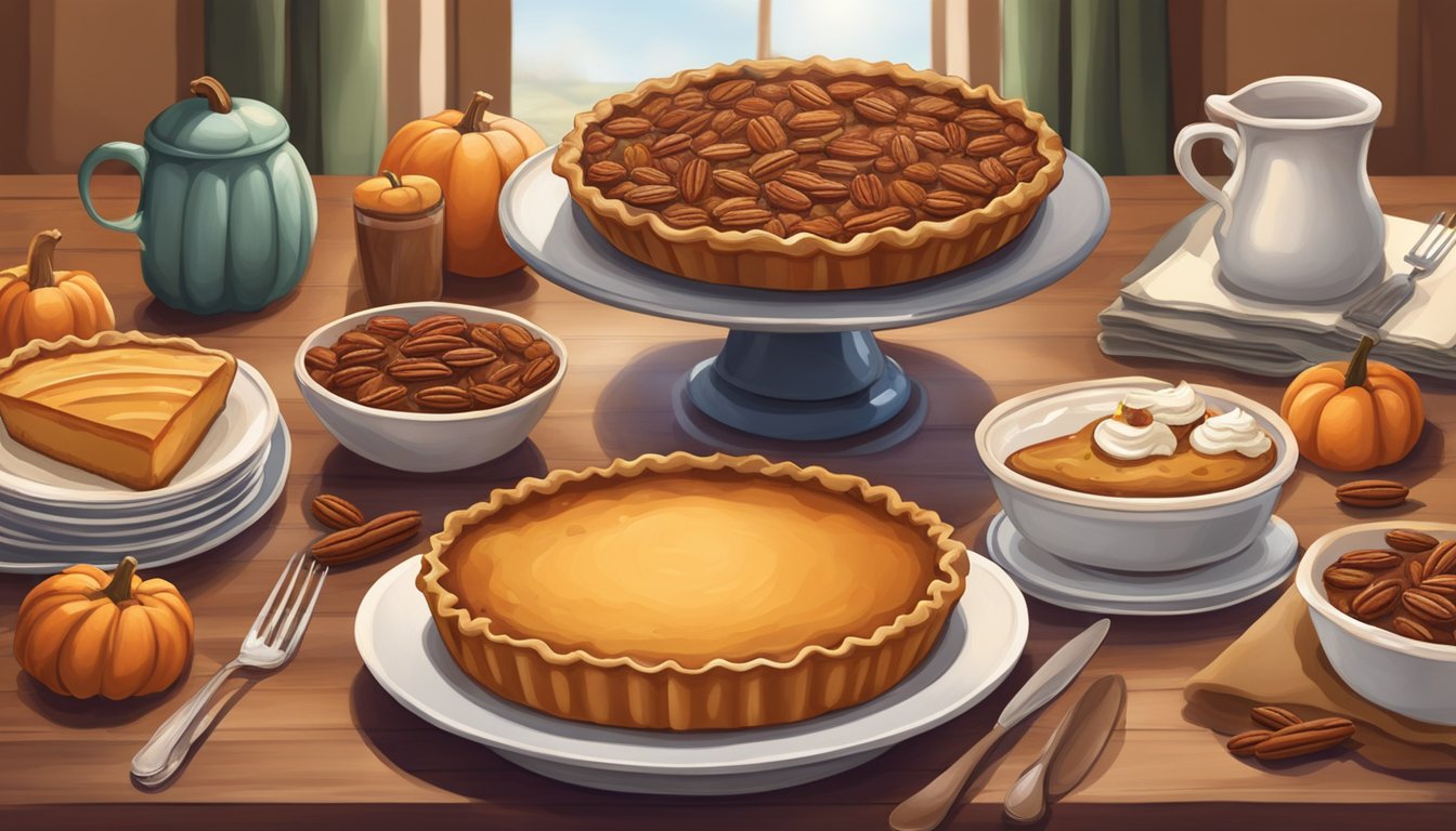 A festive table with pecan pie, pumpkin pie, and fruitcake surrounded by Texas-themed decorations