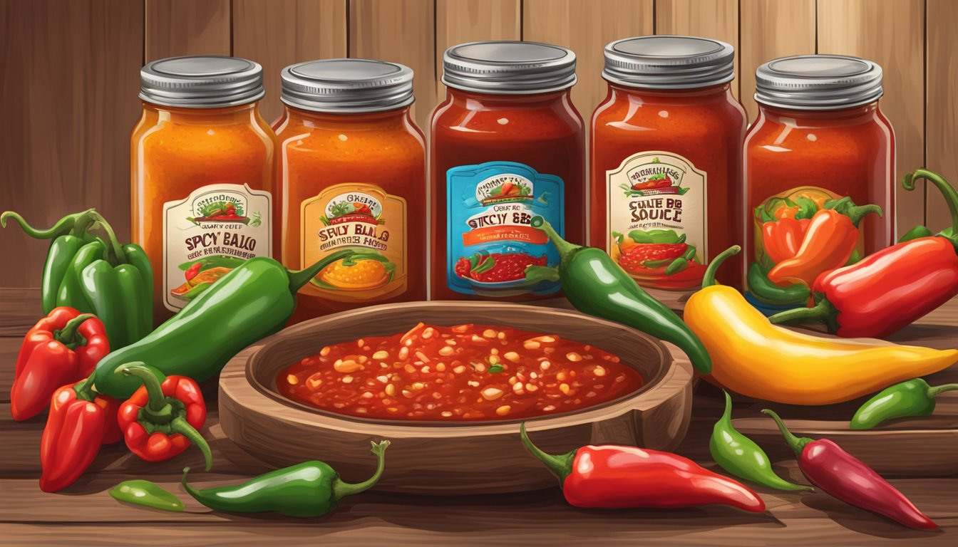 A rustic wooden table with jars of spicy salsa, tangy BBQ sauce, and zesty hot sauce, surrounded by colorful peppers and chili peppers